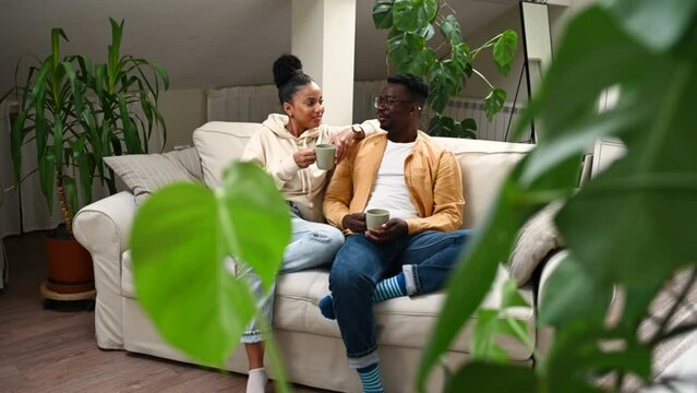  Diverse couple relaxing on cozy sofa at home and drinking coffee