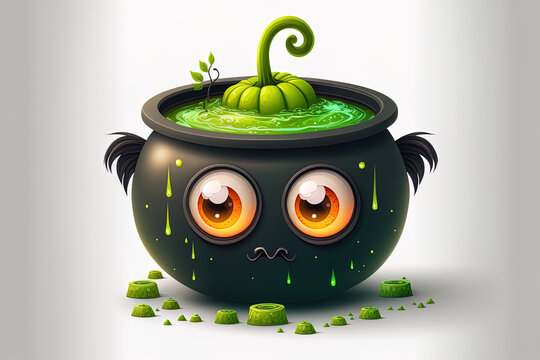 believable Black witch's cauldron with eyes made of green brew for Halloween. smiling face On a white backdrop, an isolated Halloween pumpkin and cauldron. Generative AI
