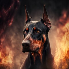 Doberman on the background of explosions and fire - Generative AI