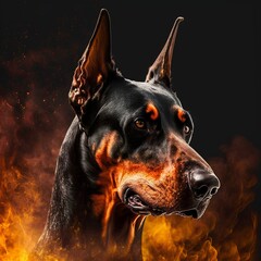 Doberman on the background of explosions and fire - Generative AI