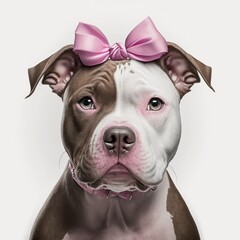 Obraz premium portrait of an cute stafford with a pink bow - Generative AI