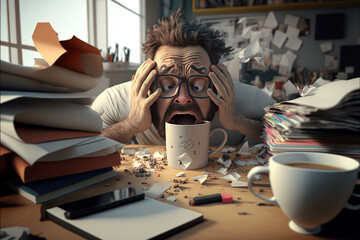 Creative Director in office feeling stressed, spilt coffee on table with cup, lots of piled paperwork around him