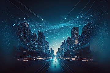 Blue cityspace with connecting network wires, city network connection technology. Generative AI