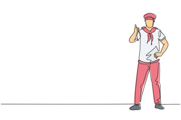 Continuous one line drawing a sailor man stands with a thumbs-up gesture to be part of a cruise ship carrying passengers traveling across seas. Single line draw design vector graphic illustration.