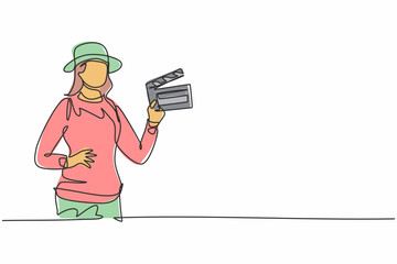 Continuous one line drawing of young beauty female police on uniform standing with hands on hip. Professional job profession minimalist concept. Single line draw design vector graphic illustration