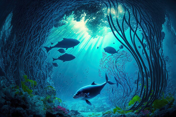 Fototapeta na wymiar Blue idyll natural scene in the underwater realm of the ocean. Generative AI