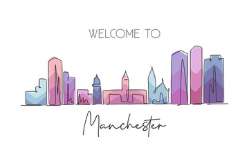 Obraz premium One single line drawing Manchester city skyline, New Hampshire. World historic town landscape. Best holiday destination postcard. Editable stroke trendy continuous line draw design vector illustration