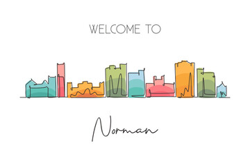 Single continuous line drawing of Norman city skyline, Oklahoma. Famous city scraper landscape. World travel home wall decor art poster print concept. Modern one line draw design vector illustration - obrazy, fototapety, plakaty