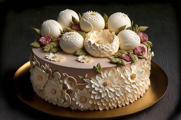 Fototapeta premium cake for a birthday with cream. lovely cream flowers. The Malaysian approach. Generative AI