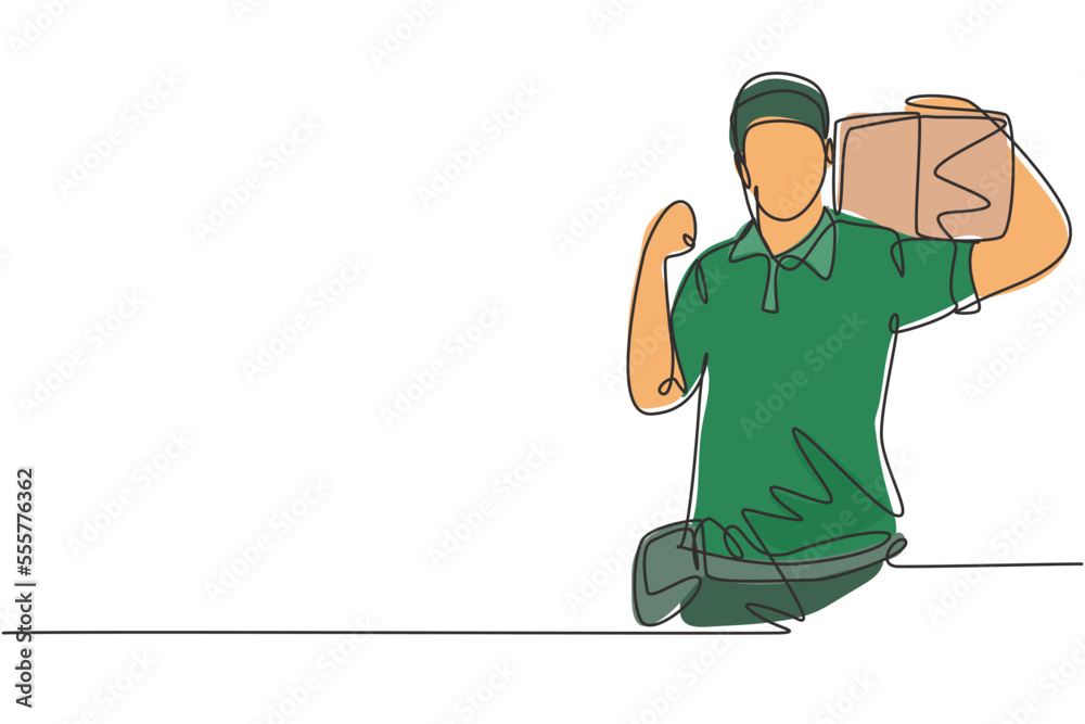 Wall mural Single continuous line drawing deliveryman with celebrate gesture, carrying the package box to be delivered to customers with the best service. Dynamic one line draw graphic design vector illustration