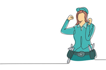 Continuous one line drawing handywoman with celebrate gesture ready to work on repairing damaged part of house. Professional work. Success business. Single line draw design vector graphic illustration