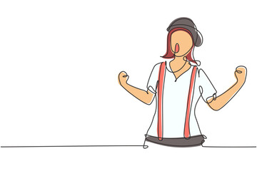 Continuous one line drawing female mime artist with celebrate gesture and white face make-up puts on a silent motion comedy show at circus arena. Single line draw design vector graphic illustration