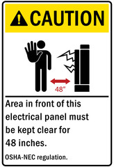 Electrical panel sign and labels keep away area in front of this electrical panel must be kept clear
