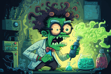 Illustration of a mad scientist and his crazy experiments! 