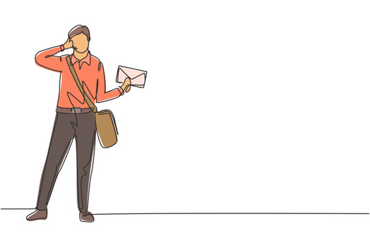 recommend clip art: Single one line drawing postman standing in hat, sling bag, uniform, holding envelope, and with call me gesture delivering mail to home address. Continuous line draw design graphic vector illustration