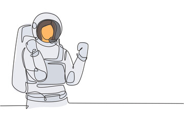Continuous one line drawing female astronaut with celebrate gesture wearing spacesuits to explore outer space in search mysteries of universe. Single line draw design vector graphic illustration