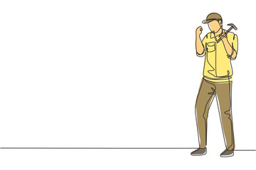 Single one line drawing carpenter standing with celebrate gesture works for wood industry and must be skilled at using carpentry tools. Modern continuous line draw design graphic vector illustration