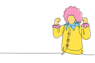 Single continuous line drawing clown with celebrate gesture, wearing wig and smiling face makeup, entertaining kids at birthday party. Good perform. One line draw graphic design vector illustration