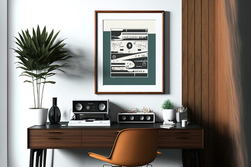 Background of a mockup frame in a home office, in a lofty mid century modern design. Generative AI
