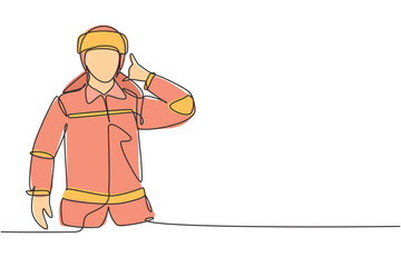 Single one line drawing firefighters with uniform, call me gesture and wearing helmet prepare to put out the fire that burned building. Modern continuous line draw design graphic vector illustration