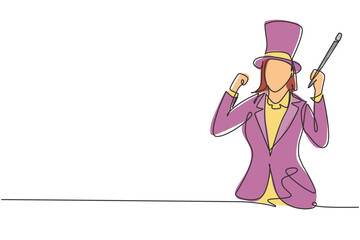 Single continuous line drawing female magician with celebrate gesture wearing hat and holding magic stick ready to entertain audience at television. One line draw graphic design vector illustration