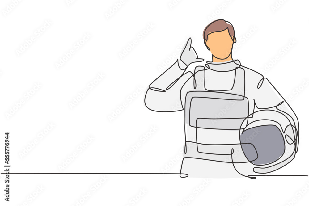 Poster single continuous line drawing astronaut with call me gesture wearing spacesuits to explore outer sp
