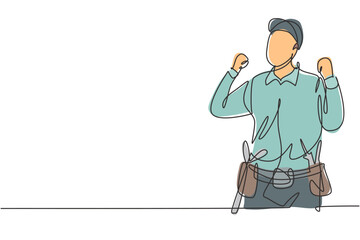 Single one line drawing handyman with celebrate gesture ready to work on repairing the damaged part of house. Professional work concept. Modern continuous line draw design graphic vector illustration