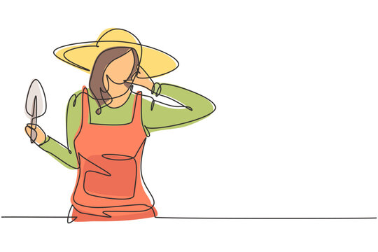 gardener in hat holding trowel, line art clip art preview