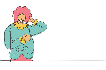 Single one line drawing clown with call me gesture, wearing wig and smiling face makeup, entertaining kids at birthday party. Good performance. Continuous line draw design graphic vector illustration