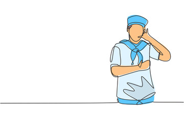 Single one line drawing sailor man with call me gesture and scarf around his neck ready sail across seas in a ship headed by captain. Modern continuous line draw design graphic vector illustration