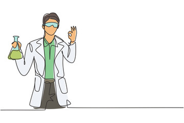 Single one line drawing of male scientist with gesture okay and holding measuring tube to examining chemical solution to make vaccine. Modern continuous line draw design graphic vector illustration