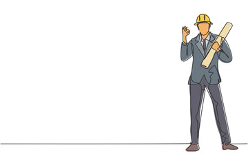 Obraz premium Continuous one line drawing architect stood with gesture okay and wearing helmet carrying blueprint for the building's work plan. Success business. Single line draw design vector graphic illustration