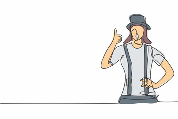 Single one line drawing of female mime artist with thumbs-up gesture and white face make-up puts on a silent motion comedy show at circus arena. Continuous line draw design graphic vector illustration