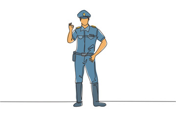 Continuous one line drawing policeman standing with gesture okay and full uniform works to control vehicle traffic on highway. Standby on patrol. Single line draw design vector graphic illustration