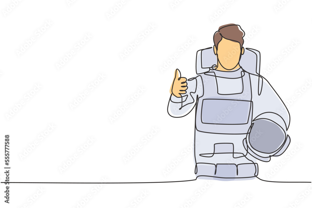 Poster continuous one line drawing astronauts with a thumbs-up gesture wearing spacesuits to explore outer 