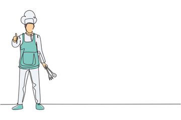 Single one line drawing of chef stands with a thumbs-up gesture and the cooking uniform prepares the ingredients to cook the best dishes. Modern continuous line draw design graphic vector illustration