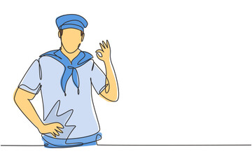 Continuous one line drawing sailor man with gesture okay and scarf around his neck ready sail across seas in a ship headed by captain. Success job. Single line draw design vector graphic illustration