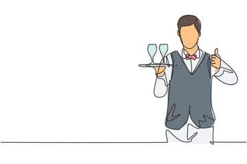 Single continuous line drawing waiter with a gesture raised his thumb and brought a tray of drinking glasses serving visitors at the cafeteria. Dynamic one line draw graphic design vector illustration