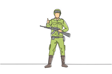 Obraz premium Continuous one line drawing Soldiers stand with weapons, full uniforms, and thumbs-up gestures serving the country with strength of military forces. Single line draw design vector graphic illustration