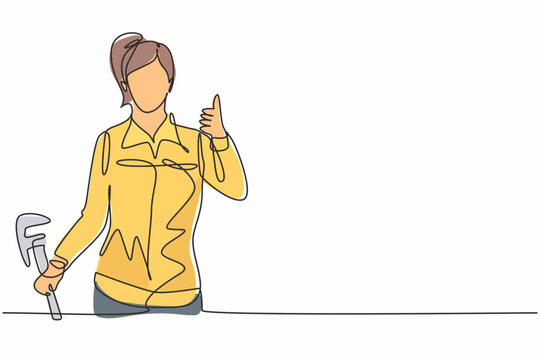 Continuous one line drawing a plumber woman with a thumbs-up gesture at work fixing leaking drains in sinks and household drains professionally. Single line draw design vector graphic illustration.
