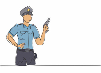 Continuous one line drawing of young policeman wearing uniform and holding hand revolver gun. Professional job profession minimalist concept. Single line draw design vector graphic illustration