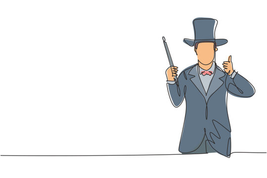 Single continuous line drawing magician with a gesture thumbs up wearing a hat and holding a magic stick ready to entertain the audience. Dynamic one line draw graphic design vector illustration.