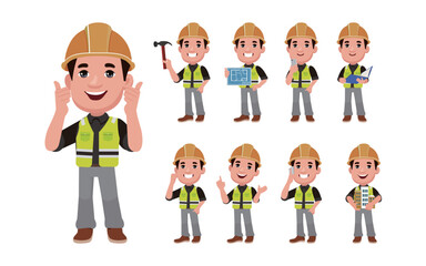 Set of flat engineer with different poses