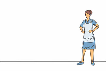 Single continuous line drawing young beauty female hotel maid standing and holding hands on hip. Professional work job occupation. Minimalism concept one line draw graphic design vector illustration