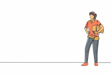 Continuous one line drawing of young beauty delivery woman holding package box with hands on hip. Professional job profession minimalist concept. Single line draw design vector graphic illustration