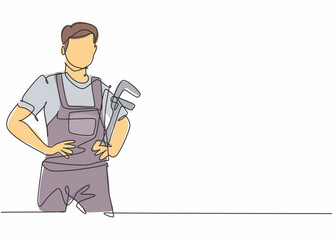 Single one line drawing of young male plumber wearing uniform holding pipe wrench. Professional work profession and occupation minimal concept. Continuous line draw design graphic vector illustration