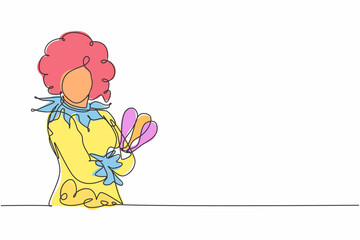 Continuous one line drawing of young female clown holding juggling pose cross arms on chest. Professional job profession minimalist concept. Single line draw design vector graphic illustration