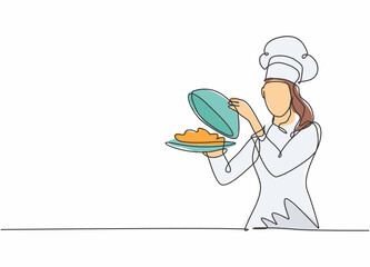 Single one line drawing young attractive female chef serving delicious cuisine on restaurant. Holding and opening tray cloche modern template one line hand drawn vector illustration minimalism style