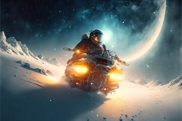 Obraz na płótnie Canvas Astronaut on a cold planet in space, snowy mountain landscape. Fantasy space landscape with an astronaut, neon. AI