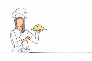 Single one line drawing young happy beauty female chef give tasting good gesture while serving main dish at restaurant. Delicious food taste trendy one line hand drawn vector illustration minimalism
